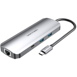Vention TOBHB Docking USB Tipo-C con 1xHDMI, 2xUSB, 1xUSB-C, 1xUSB-C PD, RJ45, Lector SD/MicroSD, Jack 3.5mm - Gris